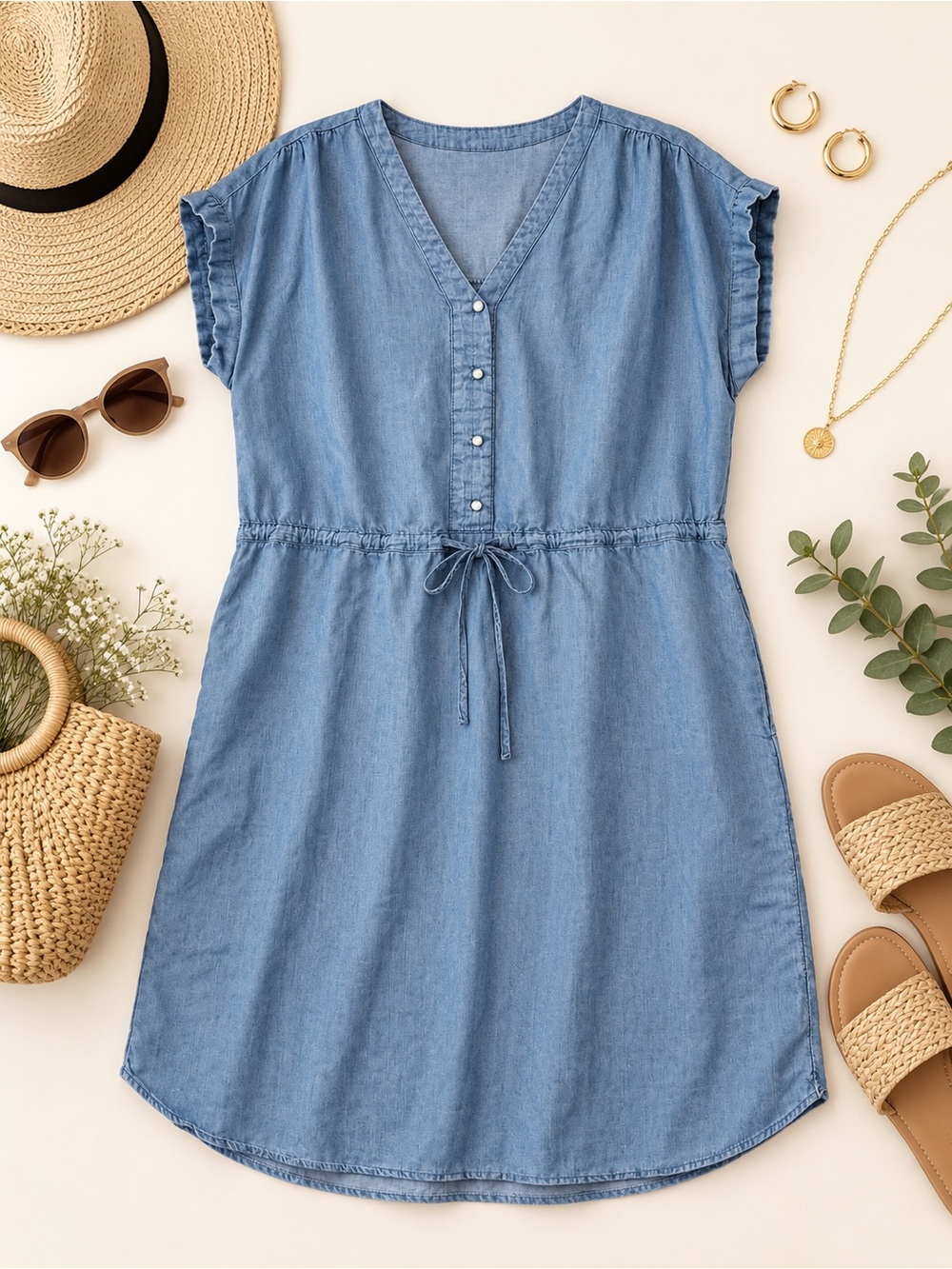 Time and Tru Chambray Shirt Dress Size L 12-14 Blue Drawstring Waist